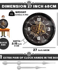 27 Inch Industrial Wall Clock Featuring Real Moving Gears For Living Room Decor in black ash with gears shown next to a table.