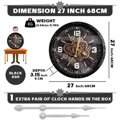 27 Inch Industrial Wall Clock Featuring Real Moving Gears For Living Room Decor in black ash with gears shown next to a table.