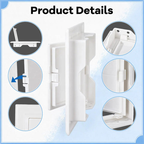 Close-up of 12 Pack White Plastic 4x4 Access Panels for Drywall Ceilings with a Nifty Hidden Hinge Mechanism showing details.