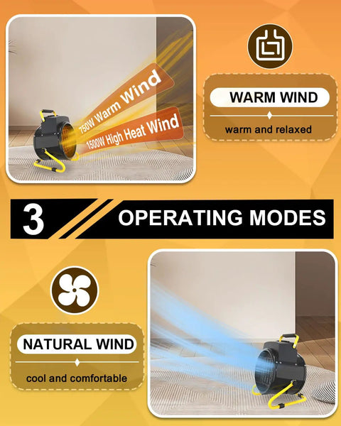 1500W Outdoor Space Heater For Patio And Garage With 3 Second Quick Heat showing warm wind and natural wind modes