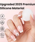 Hand holding Six Piece French Tip Nail Stamp Kit with premium silicone stamper and manicured nails, showing durability icons.