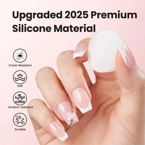 Hand holding Six Piece French Tip Nail Stamp Kit with premium silicone stamper and manicured nails, showing durability icons.