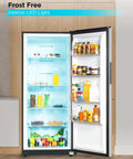 Heavy Lifter 14 Cubic Foot Convertible Freezer And Refrigerator With No Sweat Frost Free Build Glass Racks And Brushed Steel Exterior, interior view with LED light and organized shelves.