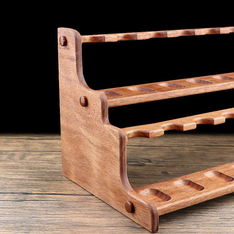 Premium Solid Wood Pipe Stand Featuring 16 Custom Cubbies Double Tier Desktop Tobacco Display Rack side view on wooden table