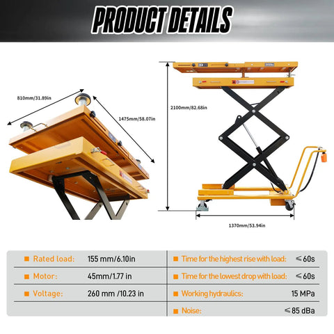 Heavy Hammer Electric Scissor Lift Platform Rated For 2600 Pounds Smooth Raise To 82.7 Inches With Remote Hydraulic System showcased with dimensions.