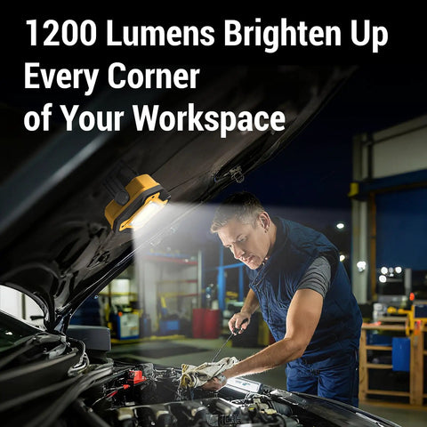 Mechanic using 2 Pack Rechargeable LED Work Lights With 6000mAh Battery 16 Hours Run Time Cordless Magnetic Spotlight under car hood.