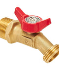 Beefy Brass Ball Valve For Outdoor Garden Hose Spigot Featuring Crisp Quarter Turn Shut Off And Tight Grip Two Pack Connector Kit close up with red handle