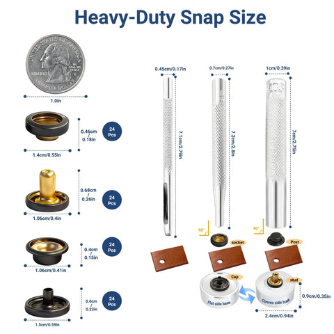 Beefy All In One Heavy Duty Leather Snaps Kit 203 Pieces With 50 Full Sets Half Inch Stainless Steel Fasteners And Installation Tools For Leather Craft Boat Covers Tents And Sewing Marine Grade Rustproof shown with components and measurements