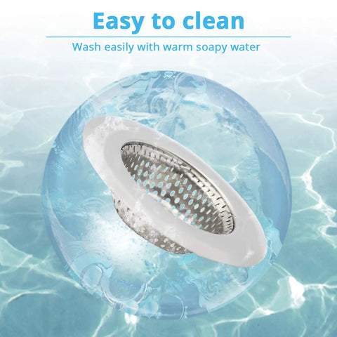 Stainless Steel Sink Strainer Basket 2.25 Inch Drain Cover For Kitchen And Bathroom, Heavy Duty Hair Catcher, in water background.