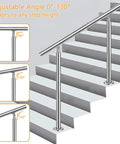 Adjustable angle stainless steel handrail, shown for stairs, 0° to 130° adaptability for height, Badass 304 Stainless Steel Handrail For Stairs And Decks Hella Tough Rock Solid Secure Grip Safety Railing With No Sweat Deck Install Kit For Porches And Balconies Holds Up To 550 Pounds.