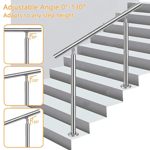 Built Tough Stainless Steel Floor Mounted Outdoor Stair Handrail With Real Deal Grip Adjustable Height Up To Forty Three Inches Includes All Hardware Quick Snap Install For Legit Home Safety showing adjustable angles on stair setup.