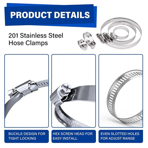 Product details of Must-Have Heavy Duty Stainless Steel Hose Clamp Kit With 165-Piece Assortment, 7 Adjustable Sizes, buckle design, hex head.
