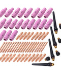 All In One Pro Grade 68 Piece TIG Torch Consumables Kit showing collets, alumina nozzles, back caps, and collet bodies.