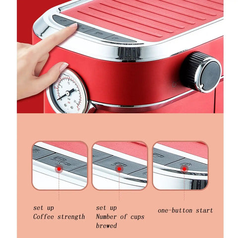 Close-up of controls on Premium Semi Automatic Espresso Machine With 15 Bar Pressure And 1.1 Liter Tank and Auto Shut Off Switch.