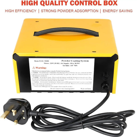 Badass Portable Electric Electrostatic Powder Spray Gun Kit With Slick 10 To 15 Psi Performance and Five Stage Build Plus Steady Foot Switch for deck garage and gym coating jobs, showing high-quality control box with power cord.