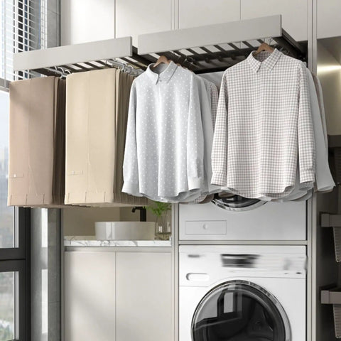 Space Saving Under Cupboard Drying Rack For Trousers Concealed Clothes Dryer Above Washing Machine with shirts on rail