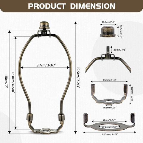 Product dimensions of Top Shelf Seven Inch Antique Bronze Lamp Harp Set with measurements for easy reference.