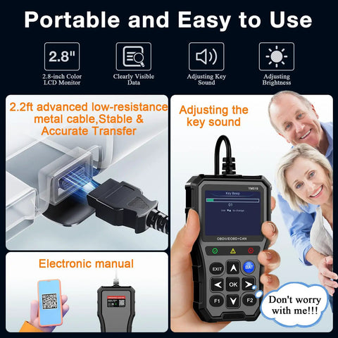 OBD2 Scanner With Battery Tester showing 2.8-inch screen detail and cable features for easy car diagnostics use.