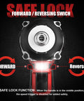 One Half Inch Cordless Impact Wrench Compatible With Milwaukee Eighteen Volt Packs Delivers Three Hundred Foot Pounds Brushless Torque And A Sharp LED Lamp showing safe lock and reversing switch features.