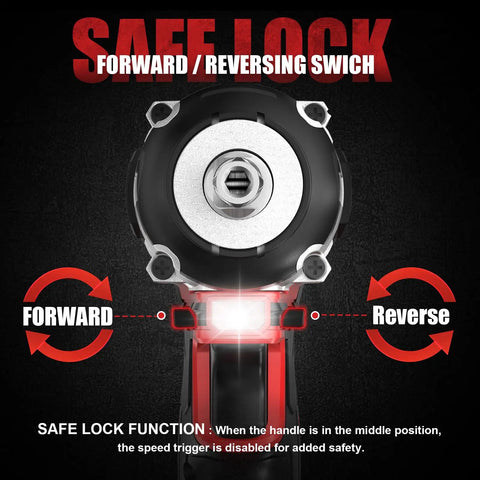 One Half Inch Cordless Impact Wrench Compatible With Milwaukee Eighteen Volt Packs Delivers Three Hundred Foot Pounds Brushless Torque And A Sharp LED Lamp showing safe lock and reversing switch features.