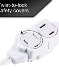 Close-up of Three Outlet Indoor Extension Cord With Twelve Foot Power Strip 16 Gauge UL Listed Twist To Close Safety Covers