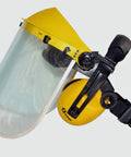 Clear Browguard Face Shield With Built In Ear Muffs For Full Eye And Ear Protection, Crystal Clear Visor, yellow adjustment mechanism