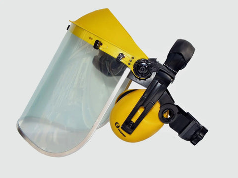 Clear Browguard Face Shield With Built In Ear Muffs For Full Eye And Ear Protection, Crystal Clear Visor, yellow adjustment mechanism