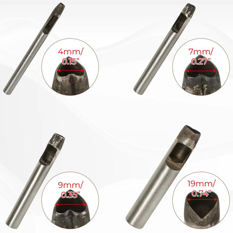 Heart Shape Hollow Punch Set 4 Piece Pro Grade For Leather Craft Tools 4mm 7mm 9mm 19mm Hole Punches displayed with sizes.