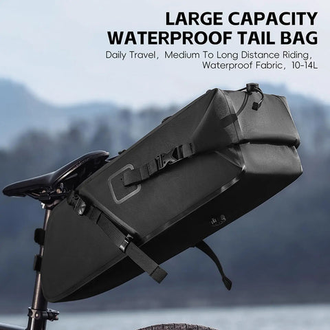 Massive 10 To 14L Under Seat Bike Saddle Bag With Roll Top Seal Durable PVC Fabric And Adjustable Straps For Long Distance Rides
