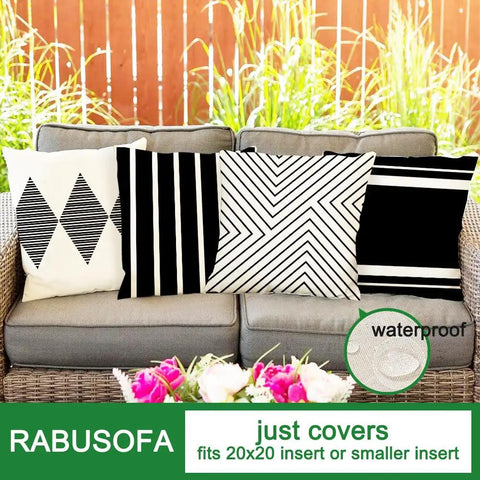 Outdoor Pillow Covers 20x20 Waterproof Sunbrella Fabric Black And Beige Boho Style Set Of 4 on a patio couch