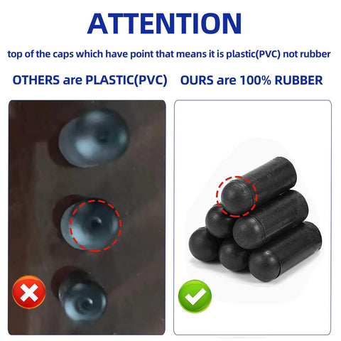 Comparison of rubber vs plastic caps in 63 Piece Rubber Vacuum Hose End Cap Kit In Seven Sizes For Sealing Hoses And Fittings.