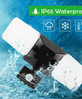 Outdoor Plug In Motion Sensor Light Waterproof Easy Install 20W 1800LM 5000K Daylight Dual Head LED Security Floodlight For Garage Wall Mounted Pathway Lighting Black shown in water with IP65 rating icons.