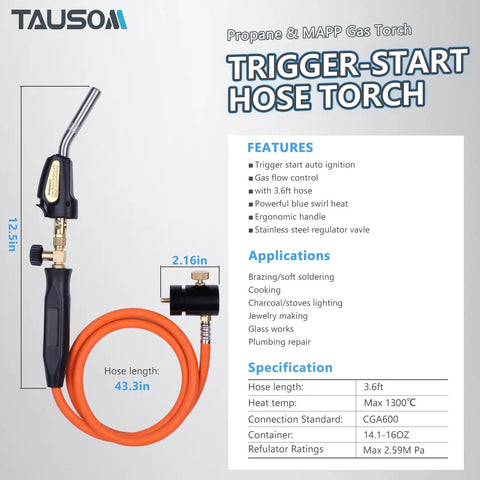 Propane Torch Hose Kit 3.6Ft With MAP Gas Torch Kit Trigger Start Adjustable Heat Knob Near Torch Head Stainless Steel Soldering Torch