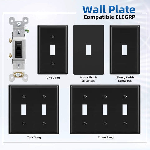 No-Fuss Quiet Self-Grounding Single Pole Toggle Light Switch 15 Amp 120 Volt In Wall On Off Replacement Framed Glossy Black