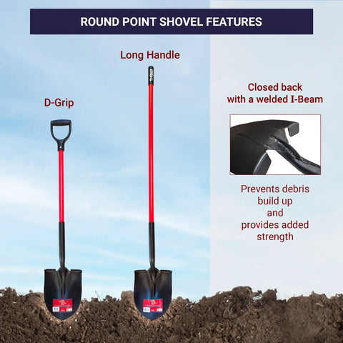 Heavy Duty Round Point Shovel With Fiberglass Long Handle And 14 Gauge Steel Head For Gardening Digging And Landscaping Square And Flat Head Design Durable Metal Construction Made In USA displayed in soil with features labeled.