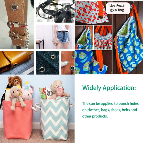 Collage showing uses of Hand Operated Grommet Press Kit With Three Dies 0 2 4 And 2400 Grommets for various bags and crafts.