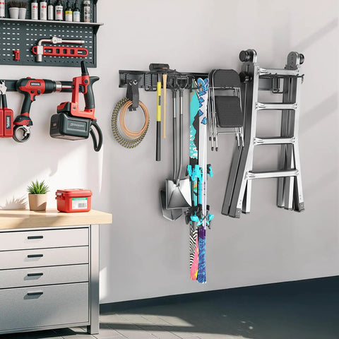 Rock Solid 48 Inch Wall Mount Tool Storage Rack Featuring Adjustable Rails And Beefy Double Layer Hooks For Heavy Duty Garage Organization No Sweat Setup And Broom Holder