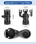 Universal Car Cup Holder Expander For Tesla Cybertruck And Daily Drivers Adjustable Base, black, dimensions shown, cup holder design.