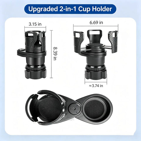 Universal Car Cup Holder Expander For Tesla Cybertruck And Daily Drivers Adjustable Base, black, dimensions shown, cup holder design.
