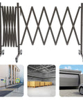 Straight Up Heavy Duty Expandable Metal Barrier On Wheels, Adjustable Retractable Safety Fence For Crowd Control, Rolling Traffic Gate With Locking Casters, Foldable Industrial Yard Barrier, Coffee Brown in use at different locations.