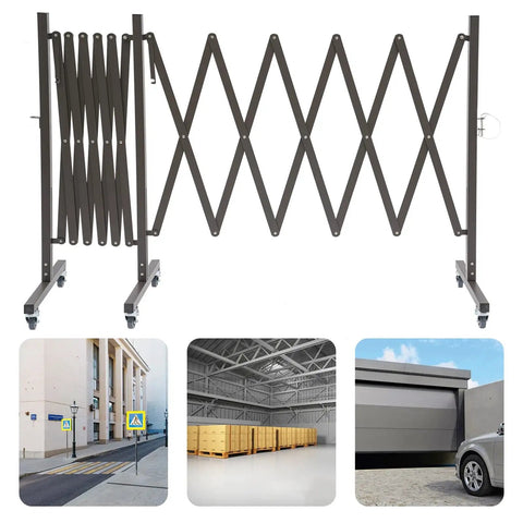 Straight Up Heavy Duty Expandable Metal Barrier On Wheels, Adjustable Retractable Safety Fence For Crowd Control, Rolling Traffic Gate With Locking Casters, Foldable Industrial Yard Barrier, Coffee Brown in use at different locations.