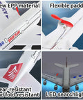 Ready To Fly A380 RC Airplane With 6 Axis Gyro Stabilizer showing EPP foam, flexible propeller, wear-resistant body, and LED lights.