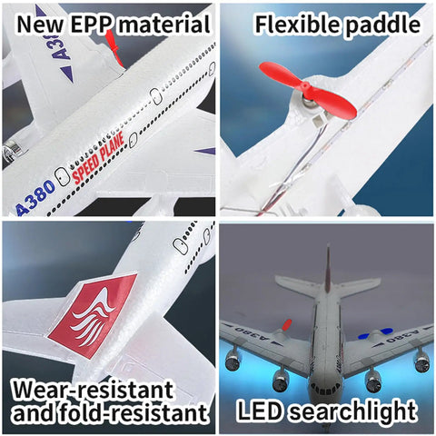 Ready To Fly A380 RC Airplane With 6 Axis Gyro Stabilizer showing EPP foam, flexible propeller, wear-resistant body, and LED lights.