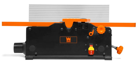 Heavy Duty 6 Inch Benchtop Jointer With 10 Amp Motor And Spiral Cutterhead For Silky Smooth Woodworking Edges, front view showing controls.