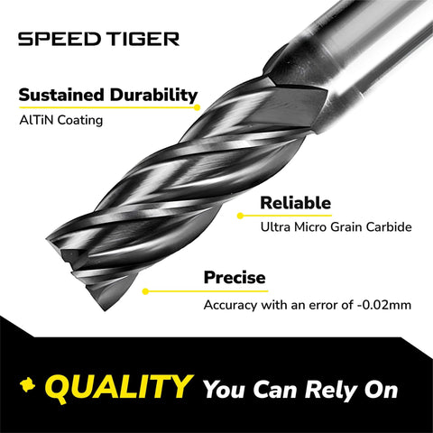 One Eighth Inch Carbide Square End Mill Set With Four Flutes For Alloy Steels Hardened Steels Aluminum Copper Cast Iron Stainless Steel AlTiN Coated CNC Router Bits 5 Pc Heavy Duty Shop Grade Milling Bits close-up