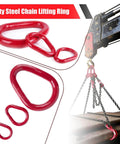 Pear Shaped Lifting Link Forged G80 Alloy Steel in use on crane with chains, side view, red teardrop design for heavy rigging load distribution.