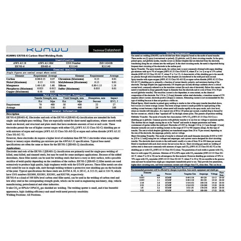 Technical datasheet showing specifications for ER70S-6 Three Thirty Second Inch TIG Filler Rods.