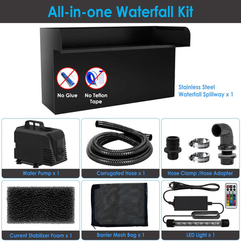 All In One Pond Waterfall Kit With LED Lights 8 Inch Stainless Steel Spillway 660 GPH Pump Outdoor Fountain components
