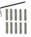 Cone Point Screw Set 10 Pack 1/4-20 By 1 Inch 304 Stainless Steel Allen Head Hex Socket End Grub Headless Bolts With Hex Drive Wrench For Durable Corrosion Resistant Fastening In Humid Environments showing screws and wrench.