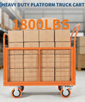 1800 Lbs Platform Truck Cart With Cage 6 In 1 Multi Functional Design Transforms Into Cage Cart Flatbed Dolly 2 Shelf Cart U Boat Truck Or 3 Side Fence Cart Hand Truck For Warehouse Groceries And Heavy Moving orange cage cart loaded with boxes in warehouse